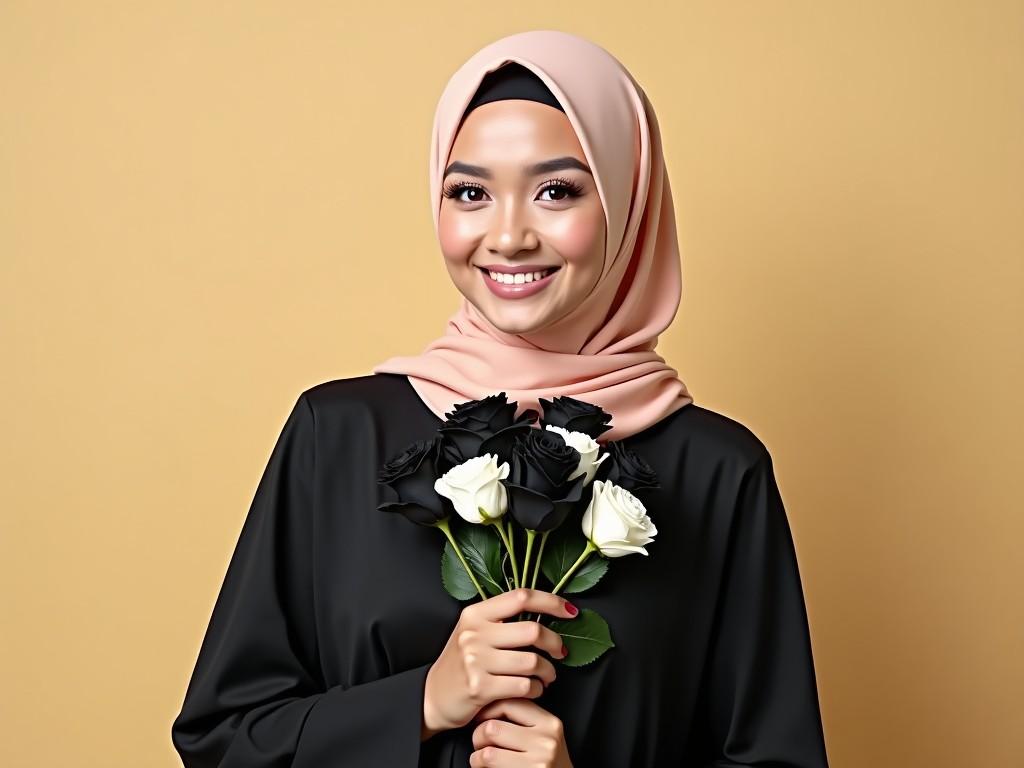 A young Muslim woman is smiling warmly at the camera, dressed in an elegant black outfit and a peach-colored hijab. She holds a bouquet of black and white roses, highlighting the contrast between the colors. The background is a soft beige, enhancing her radiant smile. Her pose is confident yet approachable, embodying a sense of beauty and grace. The lighting is soft, adding a gentle touch to the overall composition, making it perfect for fashion or beauty promotions.