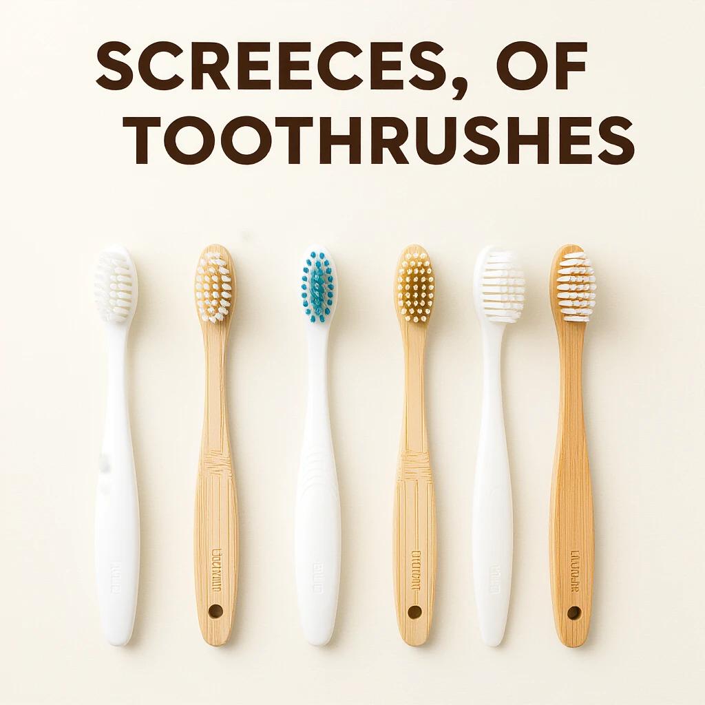 Image showing toothbrushes arranged in a line. Colors are light brown and white. Focus on different types of toothbrushes.