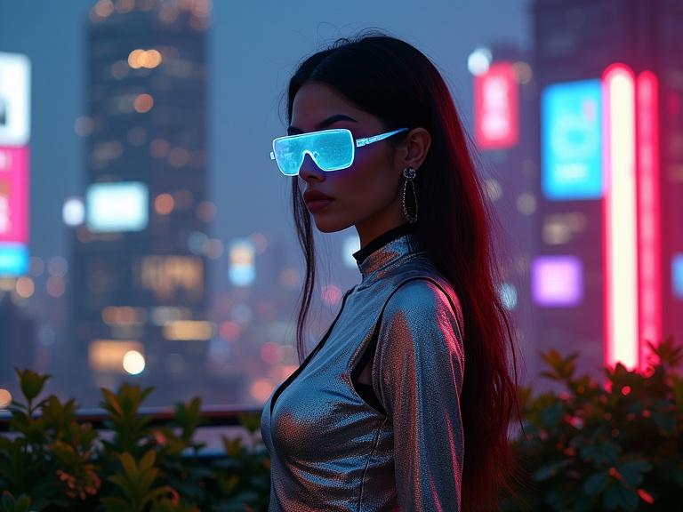 Sophisticated rooftop garden party in a futuristic city at night. Central figure is a confident woman with cyberpunk style. She wears metallic silver attire reflecting neon lights. Accessories include holographic jewelry and LED glasses. The scene features high-resolution photography with vibrant neon reflections on polished surfaces. The blend of holographic projections and organic textures creates a chic and mysterious atmosphere.