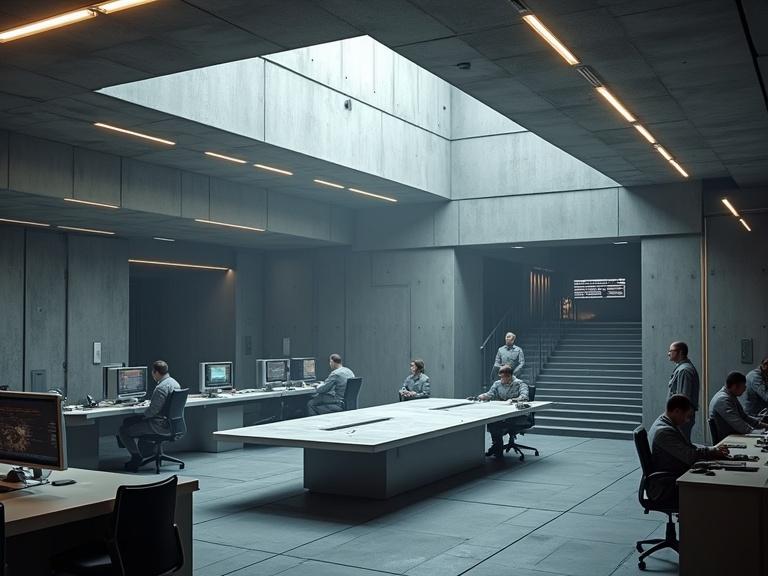 Interior of a sci-fi command center with a sleek concrete design. The center features a low ceiling, a strategy table in the middle, monitors, and military personnel. The atmosphere is dark and moody, illuminated by long lights. Black metal floors and diagonal textures create a modern aesthetic.
