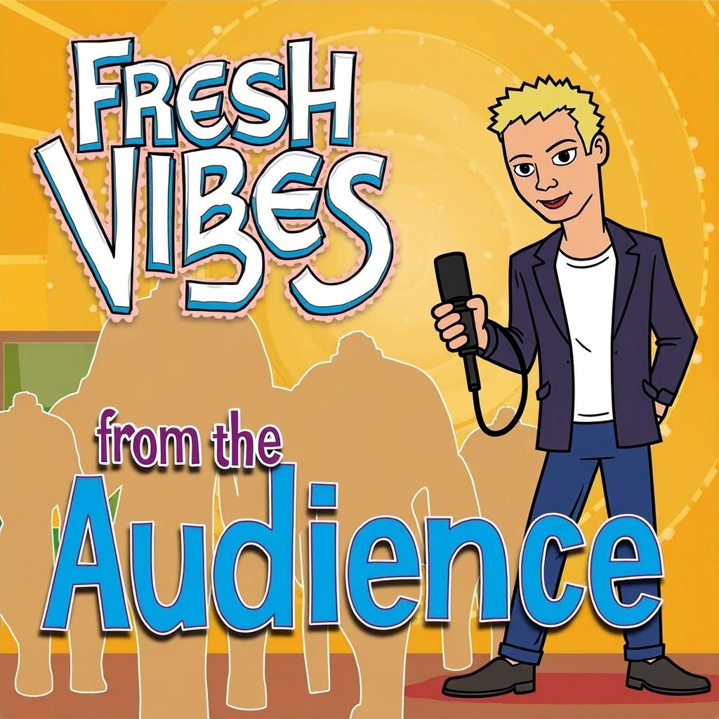 Image features cartoon character with microphone. Text includes 'Fresh Vibes from the Audience'. Background is colorful and inviting. Character appears friendly and approachable.