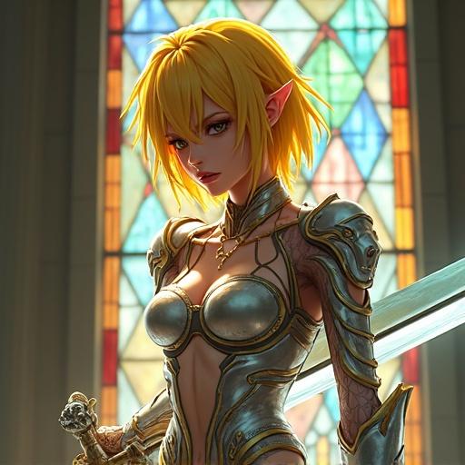 Stylized anime-inspired woman. Vibrant yellow hair. Angry expression. Translucent high-tech patterned armor. Holding large ornate crystal sword. Colorful stained glass backdrop. Realistic hair and shadows. Clear plastic body. Cinematic lighting. No depth of field.