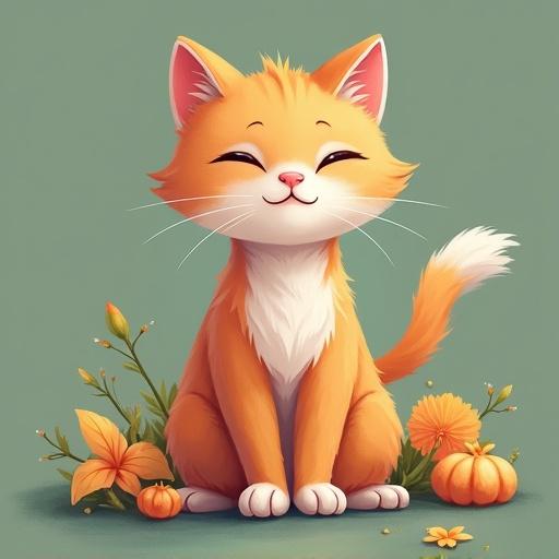 Illustration of a cute cat with a cheerful expression. The cat is orange with white accents and has a friendly demeanor. Surrounded by flowers and pumpkins, the image is colorful and inviting.