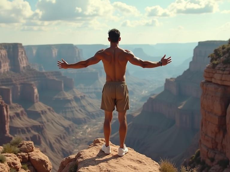 A muscular man stands at the cliff's edge with arms outstretched. He wears brown running shorts and white shoes. The vast Grand Canyon spreads out behind him. Valleys, curved mountains, and rocky bridges are visible. Stunning natural landscape under a bright sky. A realistic, cinematic shot for adventure themes.