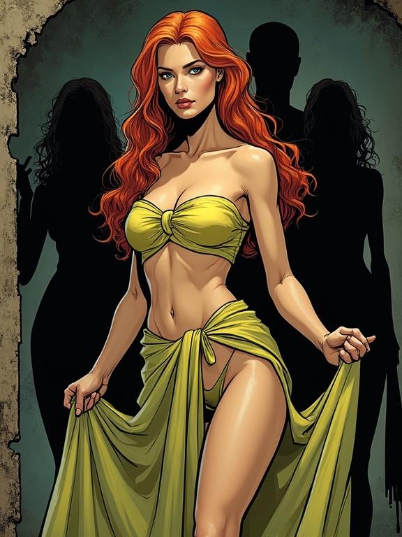 A female figure depicted in comic book style. Positioned slightly to the right of center. Long red hair flows around her. Dressed in golden and lime fabric. Calm expression, facing viewers. Slender, athletic build. Angled pose. Background shows shadowed figures in a dark space and rough floor. Bold lines and solid colors with distinct shading. Focused lighting highlights the figure.