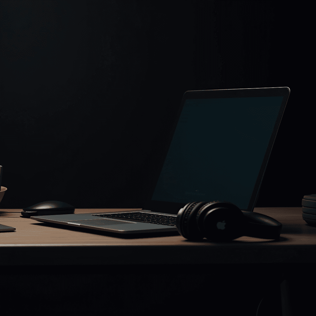 A dimly-lit desk setup featuring a closed laptop, headphones, smartphone, and a computer mouse, creating a minimalist and modern workspace.