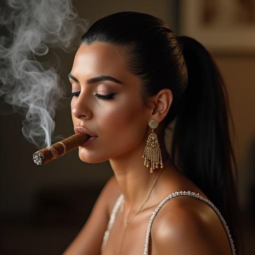 Image of a woman smoking a Cuban cigar. The model has a ponytail. She exhales smoke seductively. Beautiful earrings add to the elegance. The atmosphere is warm and inviting.