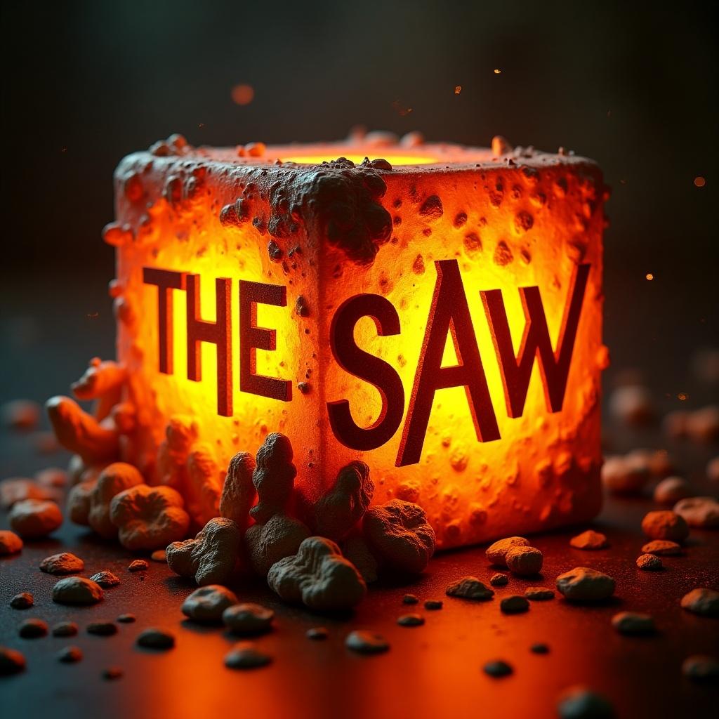 Close-up view of a glowing orange cube. Text displayed is 'THE SAW'. Cube has intricate textures and metallic accents. It emits a warm glow. Surrounding elements are abstract and enhance artistic flair.