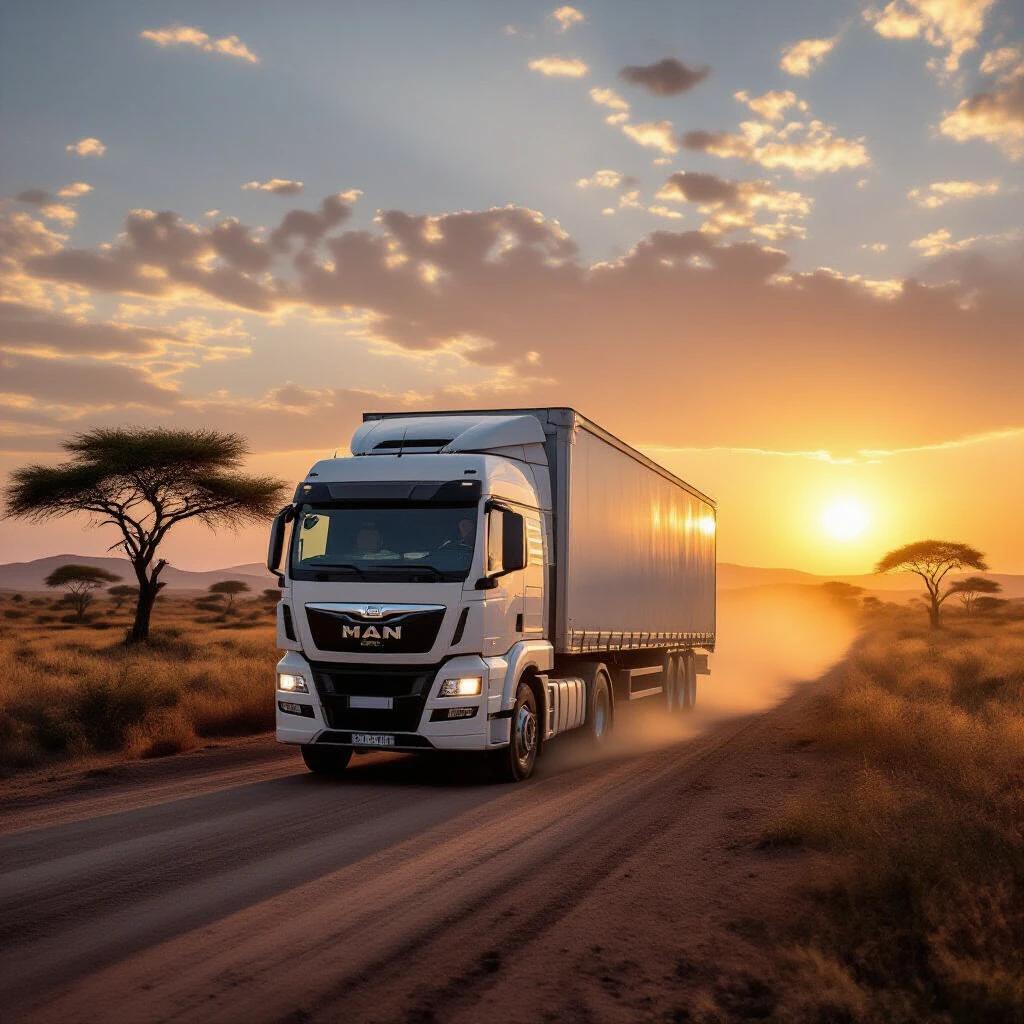 Photorealistic wide-angle shot of a white MAN transport truck driving on a dusty unpaved road in an acacia-dotted savanna at sunrise. The sky is orange and vast. The image conveys resilience and reliability in a challenging environment.