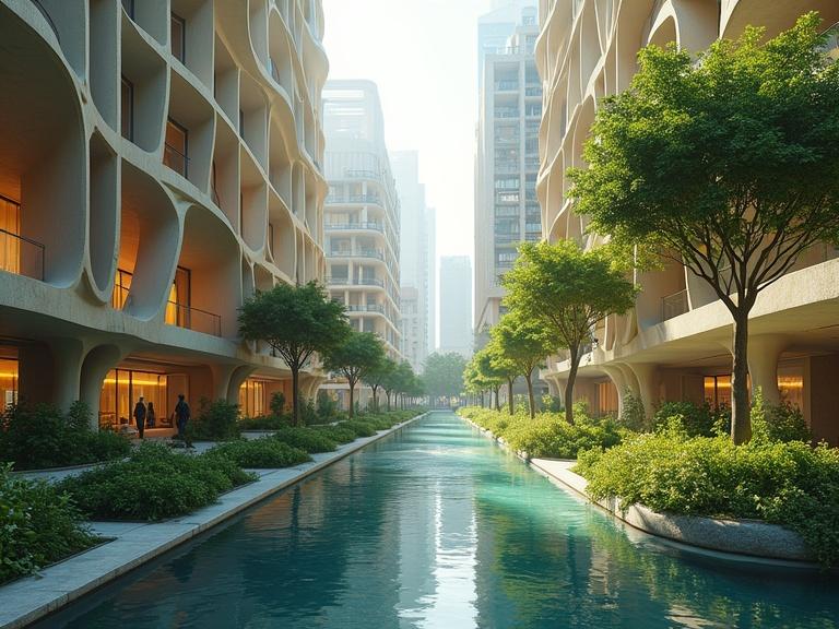 City features organic and fluid architecture. Buildings have soft, curved shapes inspired by nature. External surfaces made with biomimetic materials that change colors and transparency with light. Tall towers with vertical greenery and balconies like nests. Natural lighting includes bioluminescent street lights and smart glass domes. City landscapes include hanging parks and artificial drinking rivers. Multi-sensory gardens release natural scents and sounds. Holographic squares reflect natural scenes. City palette inspired by nature uses light and dark colors. Public furniture features kinetic sculptures. Digital murals respond to citizens' emotions.