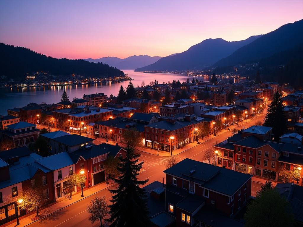 Aerial view of an Alaskan coastal town at dusk with a mountain backdrop