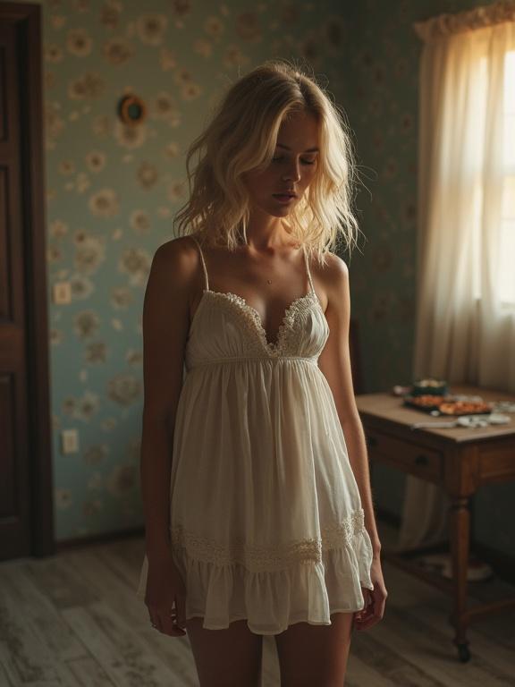 A photograph of a woman in a babydoll nightie in a softly lit room. The woman is standing with a contemplative expression. The room has floral wallpaper and a vintage table with items in the background.