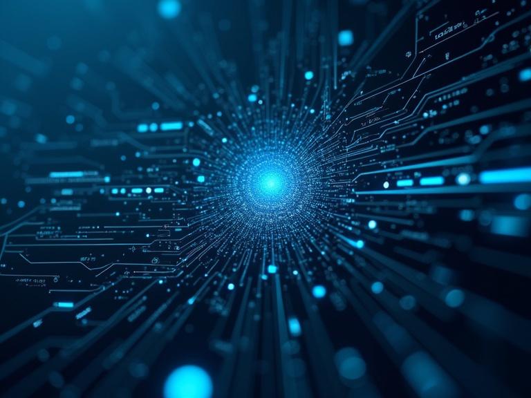 A vortex of blue digital elements spiraling into a bright center. Abstract lines and dots depict a cosmological effect. Imagery represents advanced technology. Ideal for tech-themed visuals.