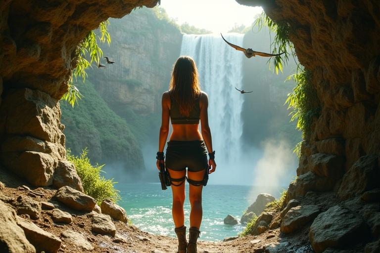A cinematic depiction of a female explorer entering a prehistoric valley. The scene features a massive waterfall in the background and several flying pterosaurs. The atmosphere is filled with mist and natural light.