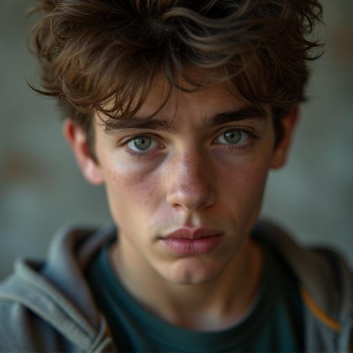Close-up shot featuring a high school teenager boy. Strong expression displayed after a fight. Rebellious personality reflected in appearance and gaze.