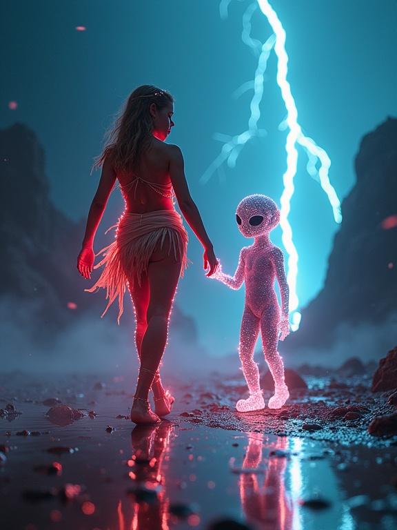 Close up low angle shot of a glowing tribal girl dancing with a shimmering translucent alien under a neon plasma storm on a forgotten planet. Electric arcs dominate the sky. Wet reflective ground enhances the dramatic view with surreal lighting and intense contrast.