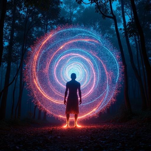 Infinite neon-colored spiral expanding from the heart of a shaman. Body is a constellation of light within a bioluminescent Amazon rainforest. Light painting style emphasizing psychedelic hyperrealism with integrated sacred geometry.