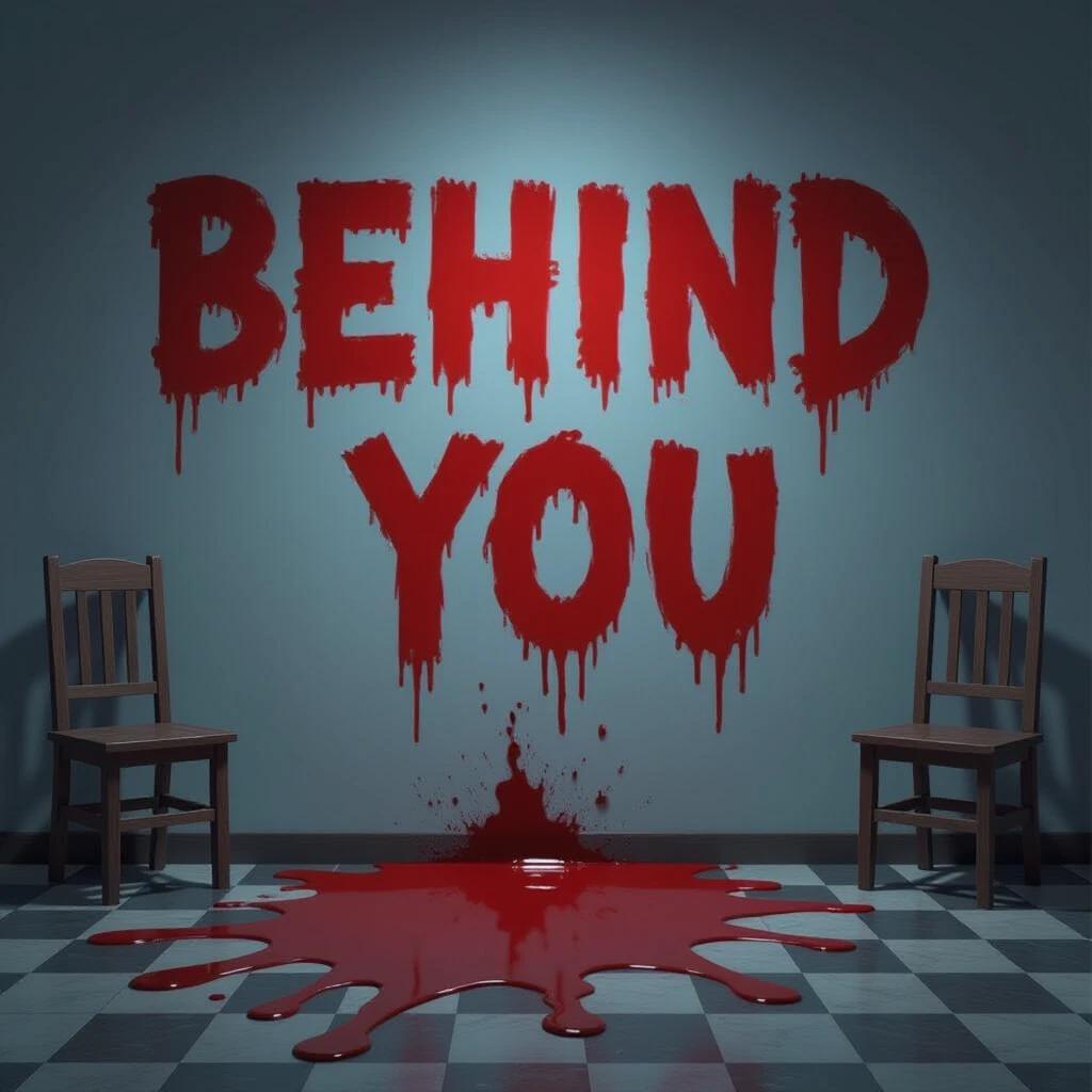 Horror scene inspired by Roblox. Dark wall with blood-red letters saying 'BEHIND YOU'. Two empty chairs are placed nearby. Blood is splattered on the floor under the letters. Theme evokes fear and suspense.