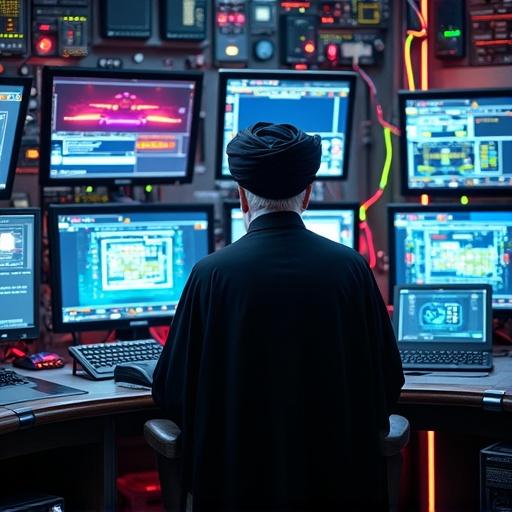 Ayatollah Khameini in a high tech military command center. The scene has many LED LCD monitor screens, computers, and advanced military gadgets. Neon fluorescent lamps and glowing wires illuminate the space.