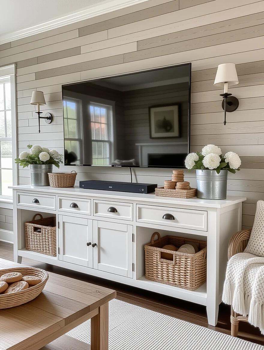 A cozy living room with rustic decor. Features a large flat screen TV on an entertainment center. The center has two doors and two drawers. White flowers in metal containers decorate the stand. Wicker baskets add texture. Greenery surrounds the TV. Wall sconces add ambiance. Natural light illuminates the room from a window. Two baskets filled with cookies are on the TV stand. A knitted pouffe rests on the floor. The rug is light and textured. The color scheme is neutral and warm.