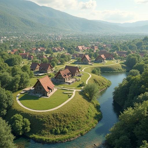 Visualization of a tranquil village set in a lush landscape with winding paths and residential homes. Emphasis on harmony between nature and human habitation. Aerial perspective showcasing planning elements.