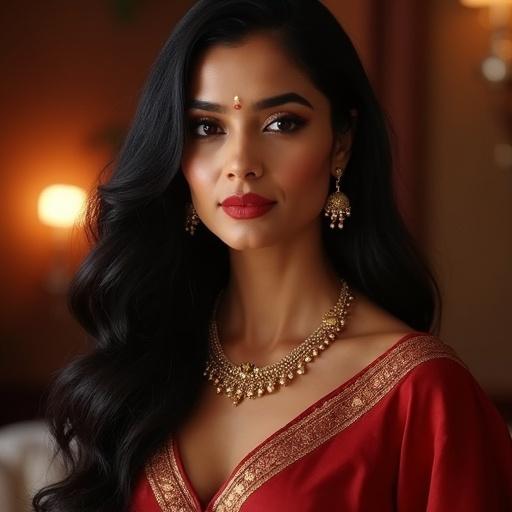 Portrait of a mature South Asian woman with sharp almond-shaped deep brown eyes and thick black eyelashes. Long wavy black hair flows over one shoulder. Warm wheatish skin has a golden undertone. Full red glossy lips with a pronounced Cupid's bow. Small nose stud on left nostril. Defined jawline with a seductive gaze. Wearing a deep red silk saree with gold border and a deep neckline blouse. Gold jhumka earrings and a layered gold necklace resting between cleavage. Soft mole just below left breast. Indoor setting with candlelight reflections and a blurred velvet background.