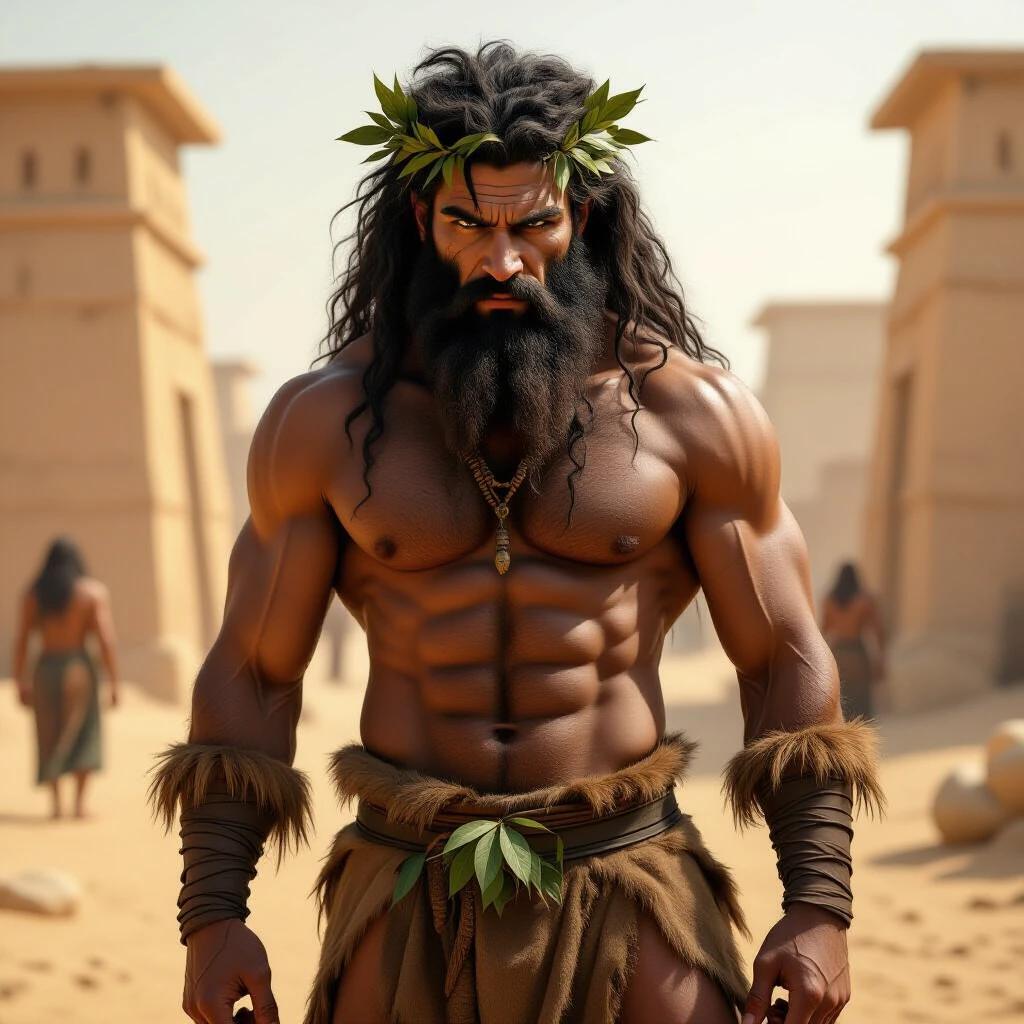 Hyper-realistic full-body portrait of a muscular man resembling Enkidu from the Epic of Gilgamesh. Covered in thick hair, wearing an animal hide loincloth. Fierce eyes, tangled hair and beard adorned with leaves. Set in a Mesopotamian wilderness with highly detailed textures.