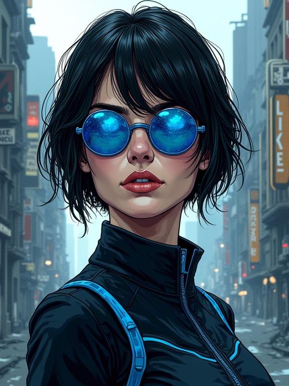 Portrait of a strong female character wearing a black and blue uniform with holographic elements. Background features a dystopian city inspired by cyberpunk aesthetics. Focus on expressive artistic style, mood, and texture. Representation of a gritty urban environment.