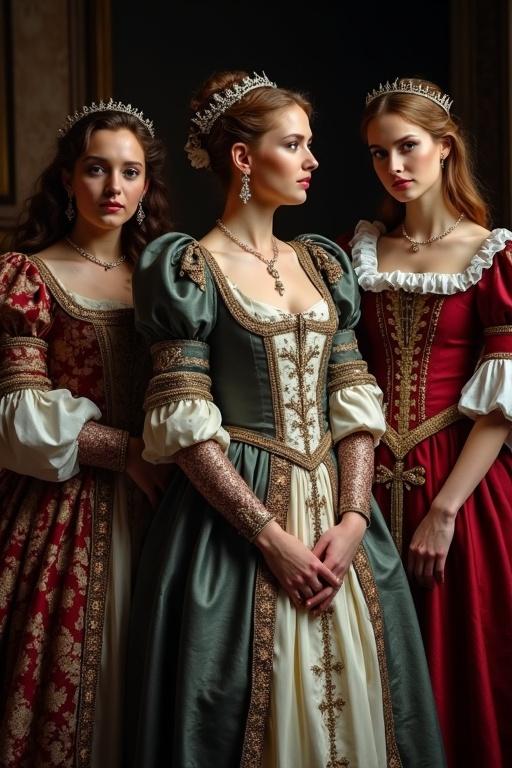 Group of individuals in medieval costumes representing British royalty. Elegant dresses showcase regal attire from the medieval period. Dark setting draws focus to garment details and embellishments.