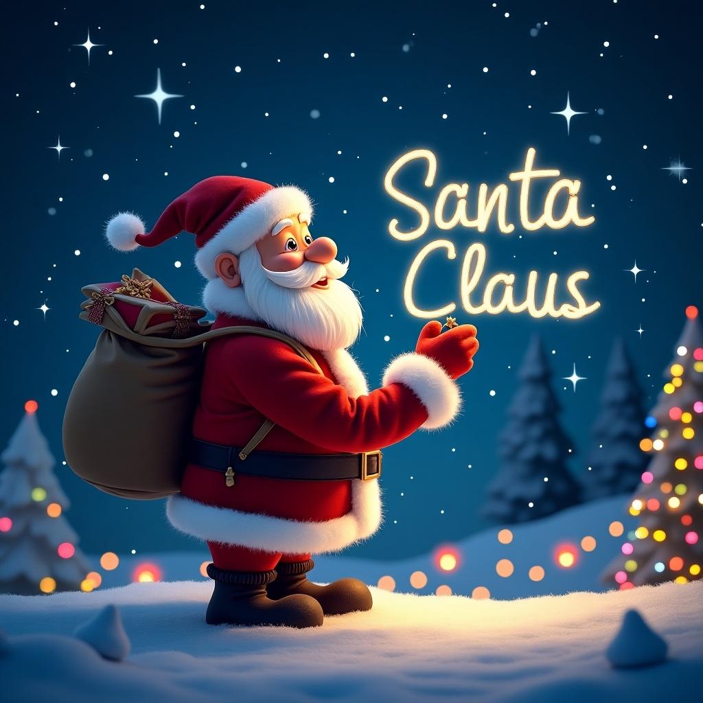 The image features a cheerful Santa Claus standing on a snowy landscape. He is holding a large bag filled with gifts. Santa is joyfully writing names in the sky with his finger, creating a magical effect. The background is illuminated with colorful lights from Christmas trees. The overall atmosphere is festive and inviting, evoking the warmth of the holiday season.