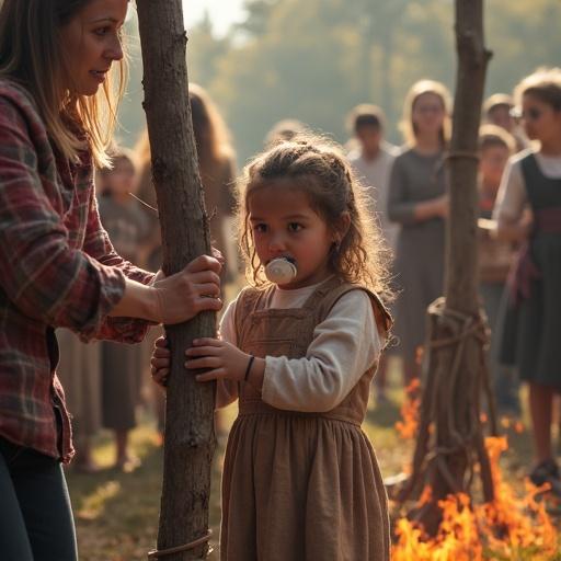 Scene depicting a historical festival with children involved in playful reenactment. A girl is tied to a wooden pole. Scene includes branches and logs. Other children tied nearby. An artificial fire burns beneath. Bright atmosphere with background people engaged in the festival.