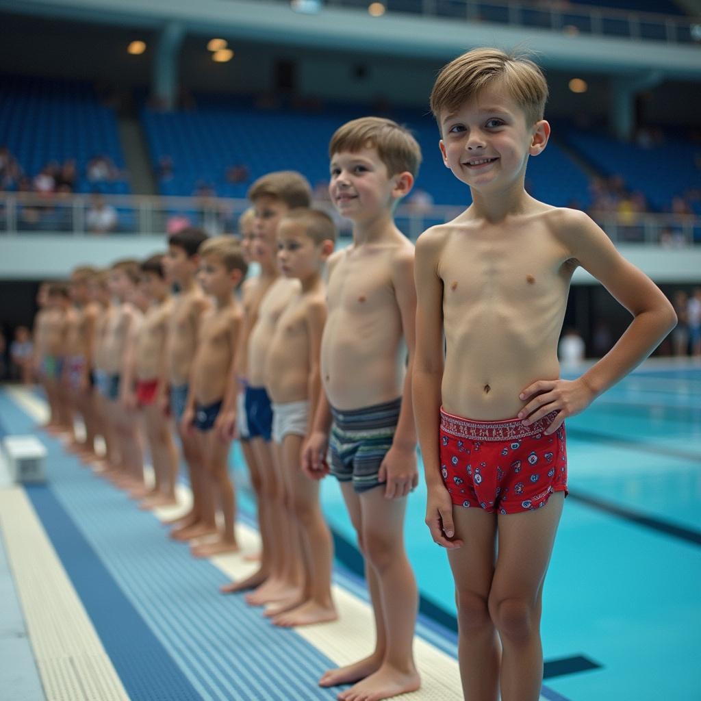 Boys lined up at poolside preparing for diving competition. They wear swimsuits and stand in a row by the diving board. The scene captures anticipation before diving. Indoor swimming facility with spectators in the background.