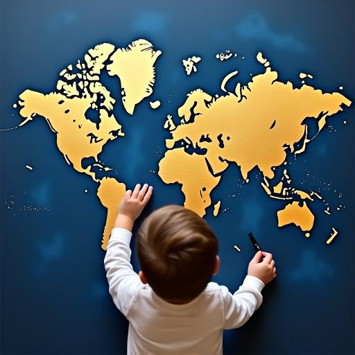 A young child interacts with a world map. The map features dark blue and golden colors. The child appears engaged and curious, drawing on the map. An overhead view showcases the map's details and the child's actions.
