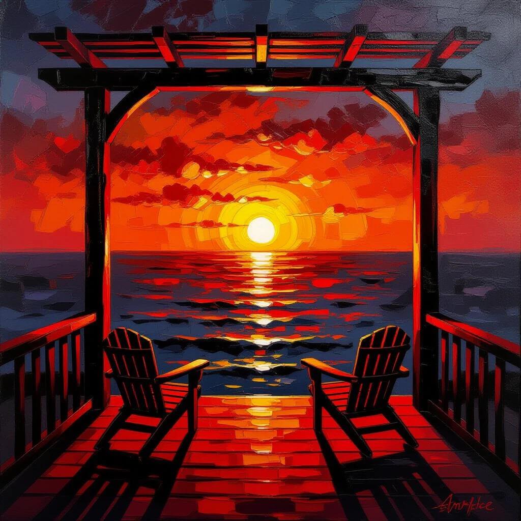 A vibrant oil painting of a sunset viewed from a deck. Two empty chairs face a glowing sun setting over the ocean. The sky is filled with red and orange hues, reflecting on the water. The atmosphere is warm and inviting. The painting has bold brush strokes and a rich color contrast for a dramatic effect.