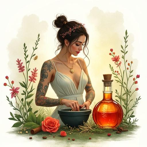 Minimalistic screen printing artwork with a serene woodland scene. Alchemist goddess in her mid-thirties grind herbs in a bowl. Surrounded by colorful jars and flowers. Apothecary-style bottle of 'ALFRUNO' nearby. Soft, watercolor style, inspired by Alphonse Mucha.