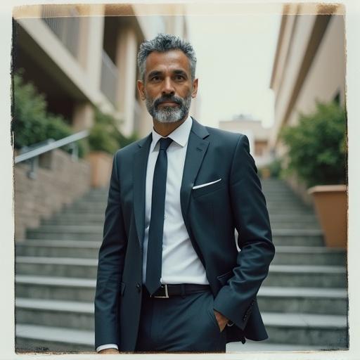 A man in a suit stands on the stairs of a commercial building. The man has short curly gray hair and a black and gray beard. He is well-dressed and poses confidently.