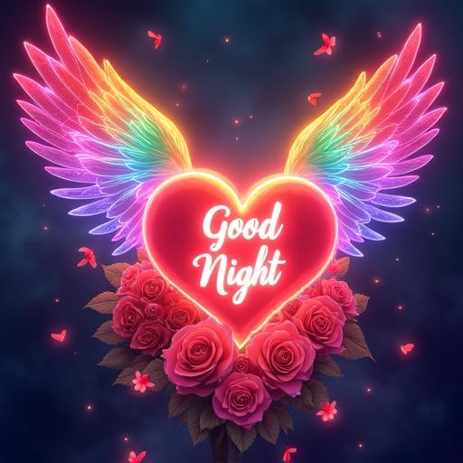 An enchanting illustration features a radiant heart emitting warmth and light. The heart glows with the words 'GOOD NIGHT' in cursive script. Rainbow wings unfold, radiating vibrant colors. Roses surround the heart. Delicate Corazones dance around, leaving trails of swirling smoke. The composition is bathed in an ethereal glow.