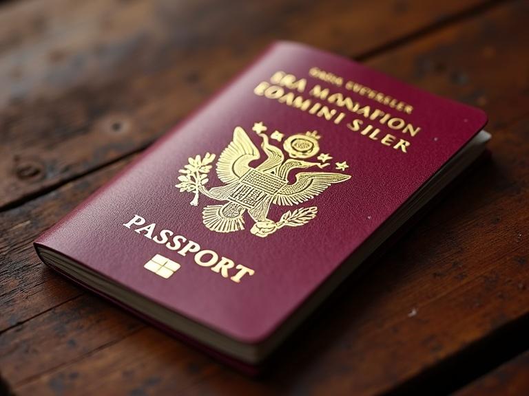 A passport styled with gold detailing. The passport has a rich maroon cover with an emblem. It is placed on a brown wooden table. Soft lighting highlights the features.