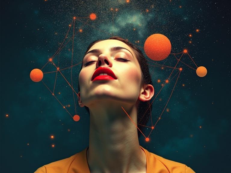 Surreal abstract representation of a human face tilted upward with closed eyes. Vibrant red lips under cosmic background with deep blue and orange hues and glowing orbs. Geometric shapes overlaying the face include triangles and lines.