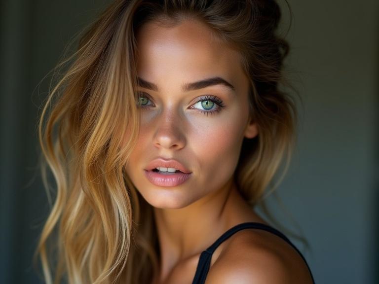 High-resolution portrait photograph of a young athletic supermodel. Tousled bronde ombré hair over shoulders. Warm, light tan skin. Vivid green eyes with turquoise eyeliner. Full lips with soft pink gloss. Dark top partially visible. Soft lighting highlights features. Blurred background for focus.