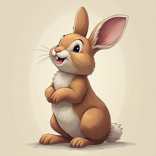 A cartoon-style illustration of a cute rabbit. The rabbit is in a playful pose with a big smile. It has soft fur in light brown and white. The background is plain and light-colored.