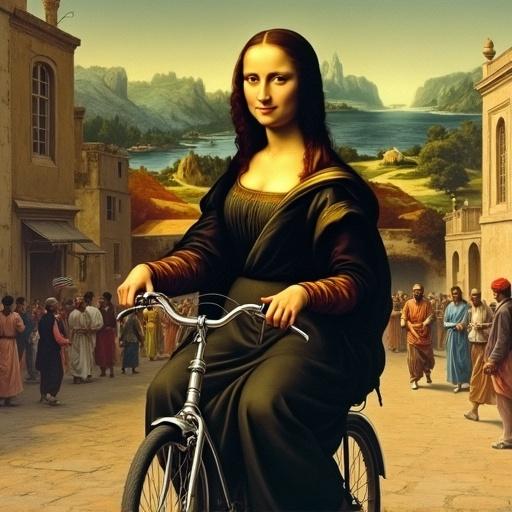 Mona Lisa riding a bicycle in the streets of Baghdad illustrated as a blend of culture and history. A detailed street scene with people and architecture in the background.