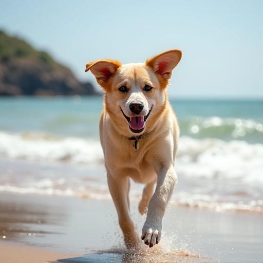 Dog running joyfully on sandy beach during a bright sunny day. Sea waves in the background. Energetic and happy expression.