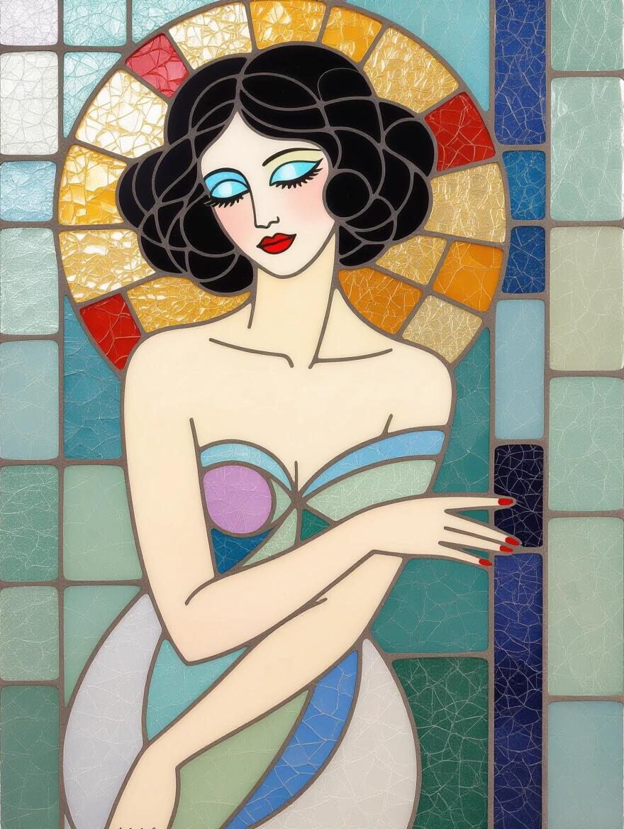 Iridescent ceramic tile and glass mosaic art piece with an abstract, ethereal design featuring a stylized woman in complementary colors.