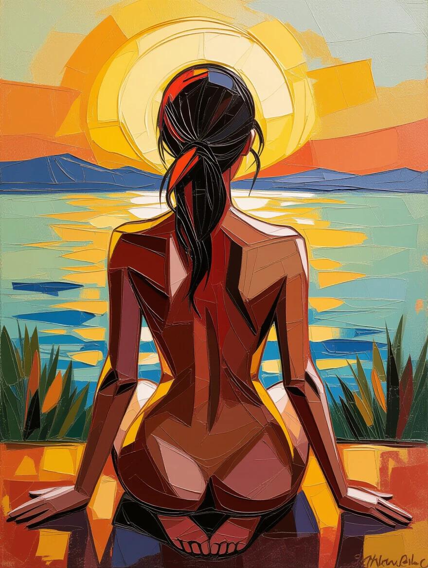 3D highly textured encaustic impasto painting of a nude woman. Seen from behind, sitting on her knees and palms. Thick, raised brushstrokes create a sense of three-dimensional relief. Morning scene with warm colors.