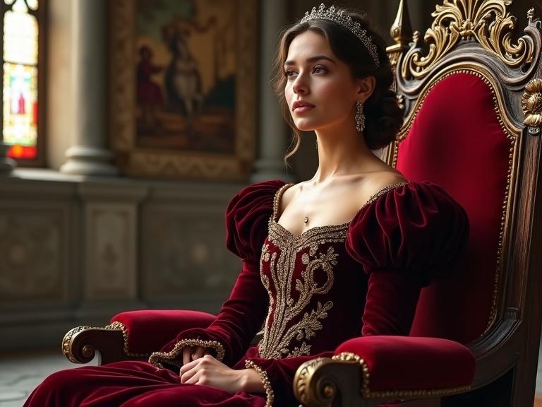 Portrait of a beautiful princess with noble features and delicate expression. She sits on a richly decorated throne in a grand hall of a medieval castle. The gown is burgundy velvet with golden embroidery and pearls. The throne is wood carved with gold leaf. Sunlight comes through stained glass windows. Stone columns and tapestries decorate the room.