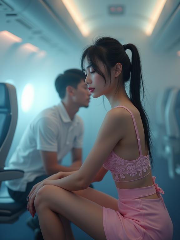 Young adult Korean woman kneeling in airplane. Surrounded by heavy mist. Wearing a flower-patterned pink bra and skirt. Holding a man close. Soft and cinematic lighting.