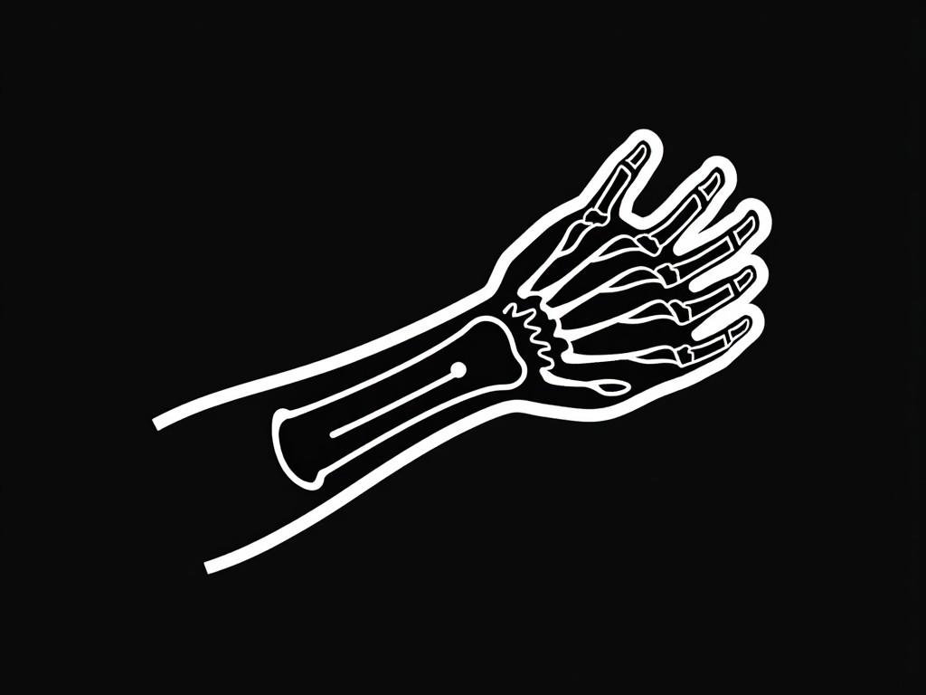 This image features a stylized representation of a human arm, showcasing the skeletal structure. The design emphasizes the bones in a stark black and white contrast. The arm is displayed in a straight position with an open hand. This illustration helps visualize human anatomy, specifically the bones of the forearm and hand. It's suitable for educational purposes or as a graphic in medical contexts.