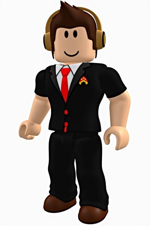 Create a fictional digital avatar resembling a Roblox character. Avatar dressed in a smart black suit with a red tie. Hair styled in a semi-casual manner. Wearing headphones. Standing in a neutral pose against a plain background.