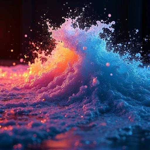 Colorful paint creates striking artistic visuals. Fluid motion presents abstract wave patterns. Scene captured in a dimly lit room with vibrant colors.